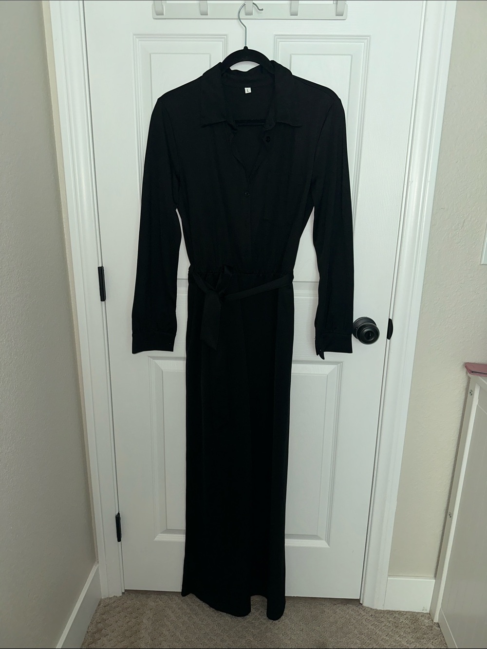 Black Long-Sleeve Maxi Shirt Dress with Waist Tie